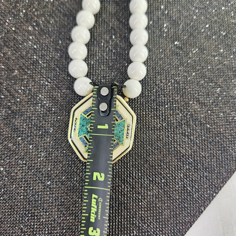 Vintage Southwestern Geometric Enamel Pendant Beaded Necklace White Teal Blue - Picture 3 of 8